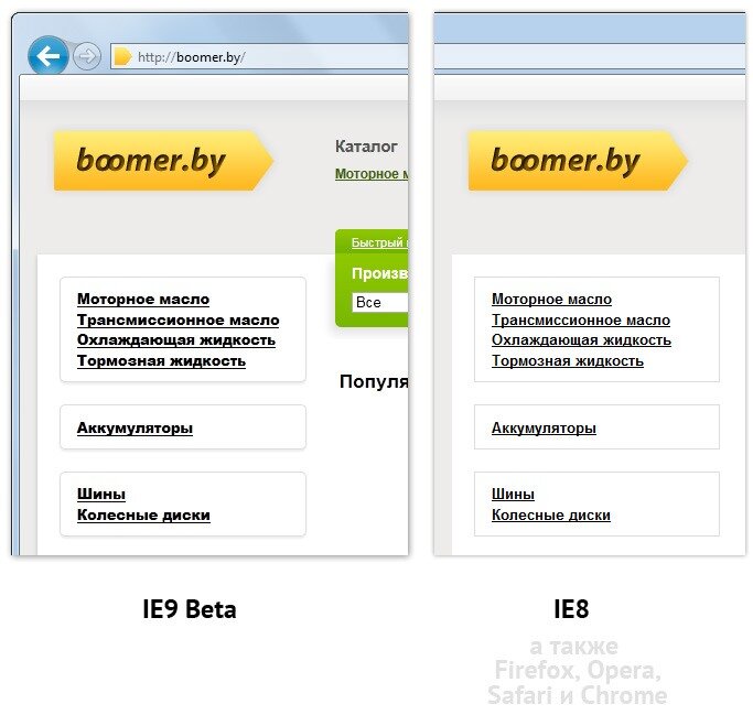 Internet Explorer 9 beta vs.  Boomer.by